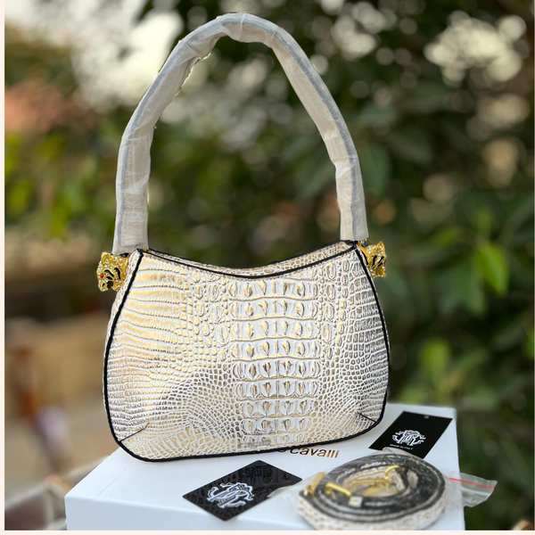 Elegant White Croc-Embossed Designer Handbag with Gold Detailing