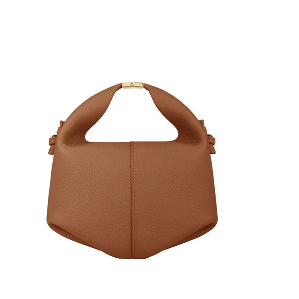 Chic Caramel Brown Mini Handbag with Sculpted Silhouette & Gold Accent