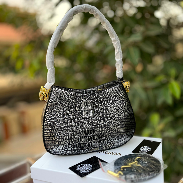 Classic Black Croc-Textured Handbag with Gold Lion Accents