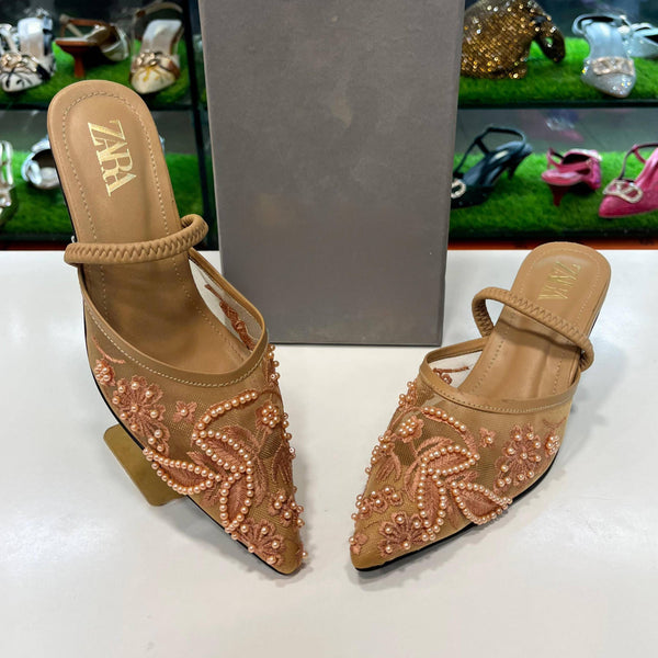 Maison Embroidered Net Heels - Beige