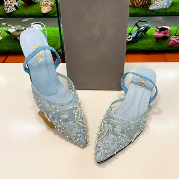 Maison Embroidered Net Heels - Blue