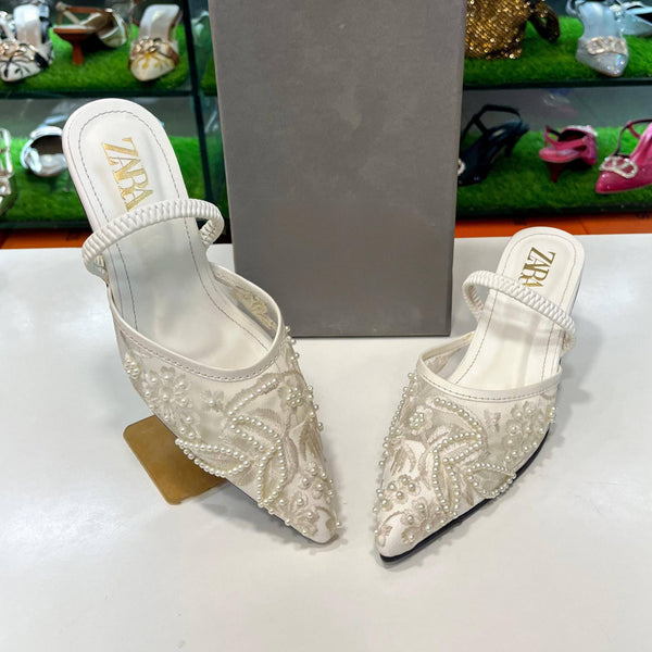 Maison Embroidered Net Heels - White