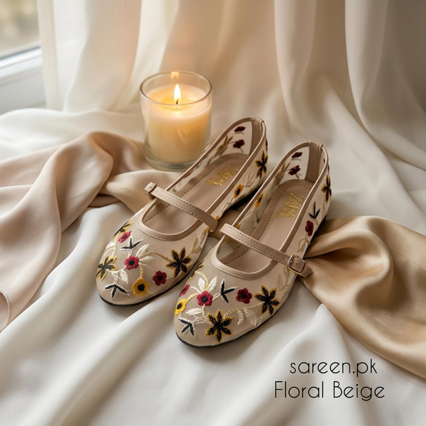 Floral Embroidered Pumps - Beige