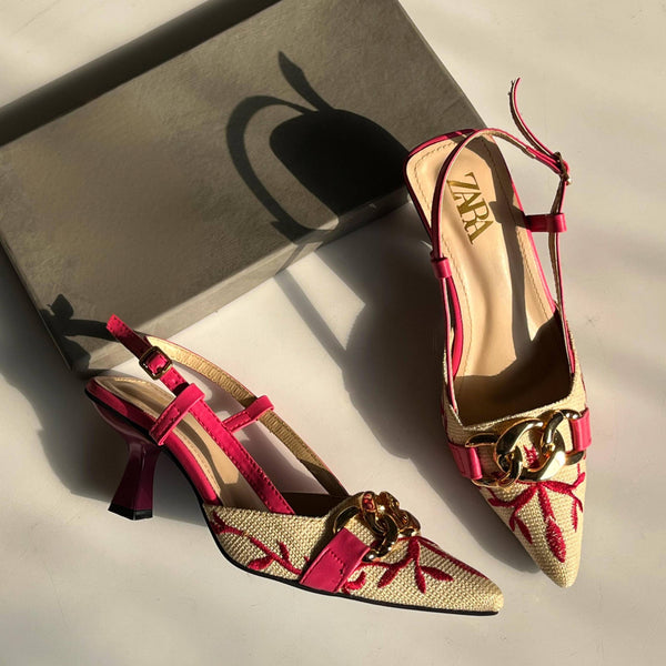 Floral Embroidered Heel - Pink