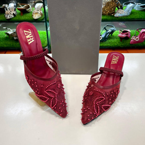 Maison Embroidered Net Heels - Mehroon